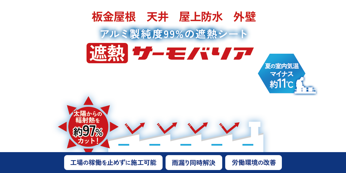 板金屋根、天井、屋上防水、外壁 アルミ製純度99%の遮熱シート 遮熱サーモバリア 夏の室内気温マイナス約11℃ 太陽からの輻射熱を約97%カット！ 工場の稼働を止めずに施工可能 雨漏り同時解決 労働環境の改善